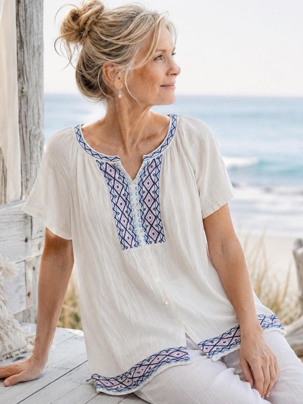 NWT J Jill 1X Womens White Cotton Blend Blouse Boho Peasant Cottagecore Coastal